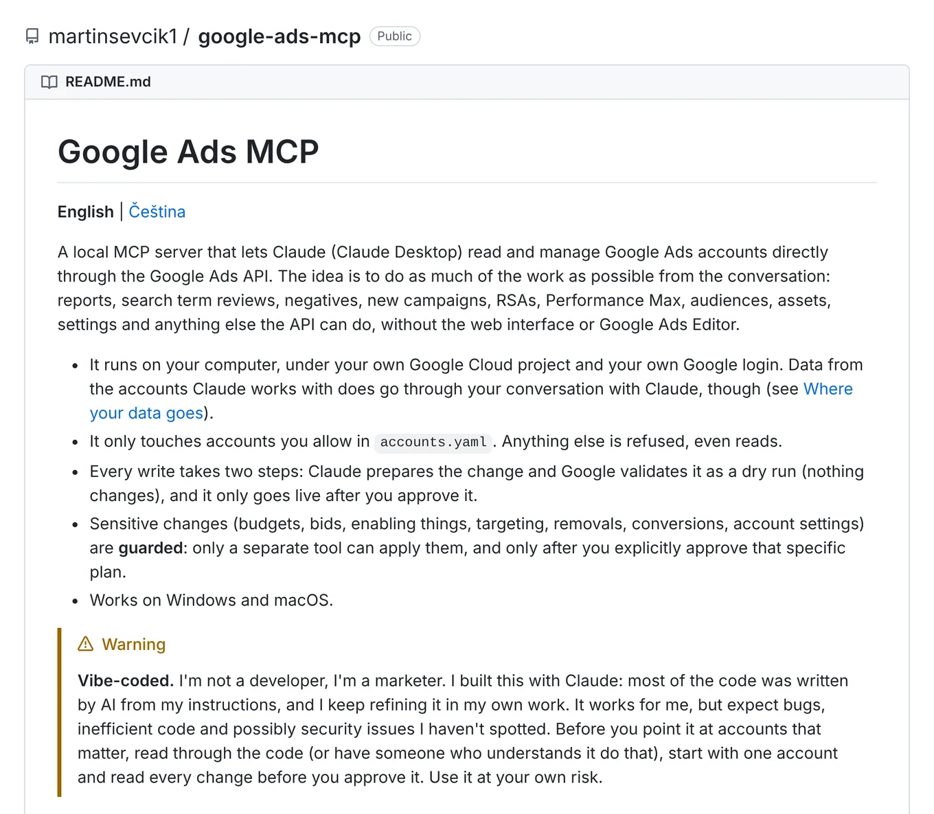 The top of the google‑ads‑mcp README on GitHub: what the tool does and a warning that the code is vibe‑coded