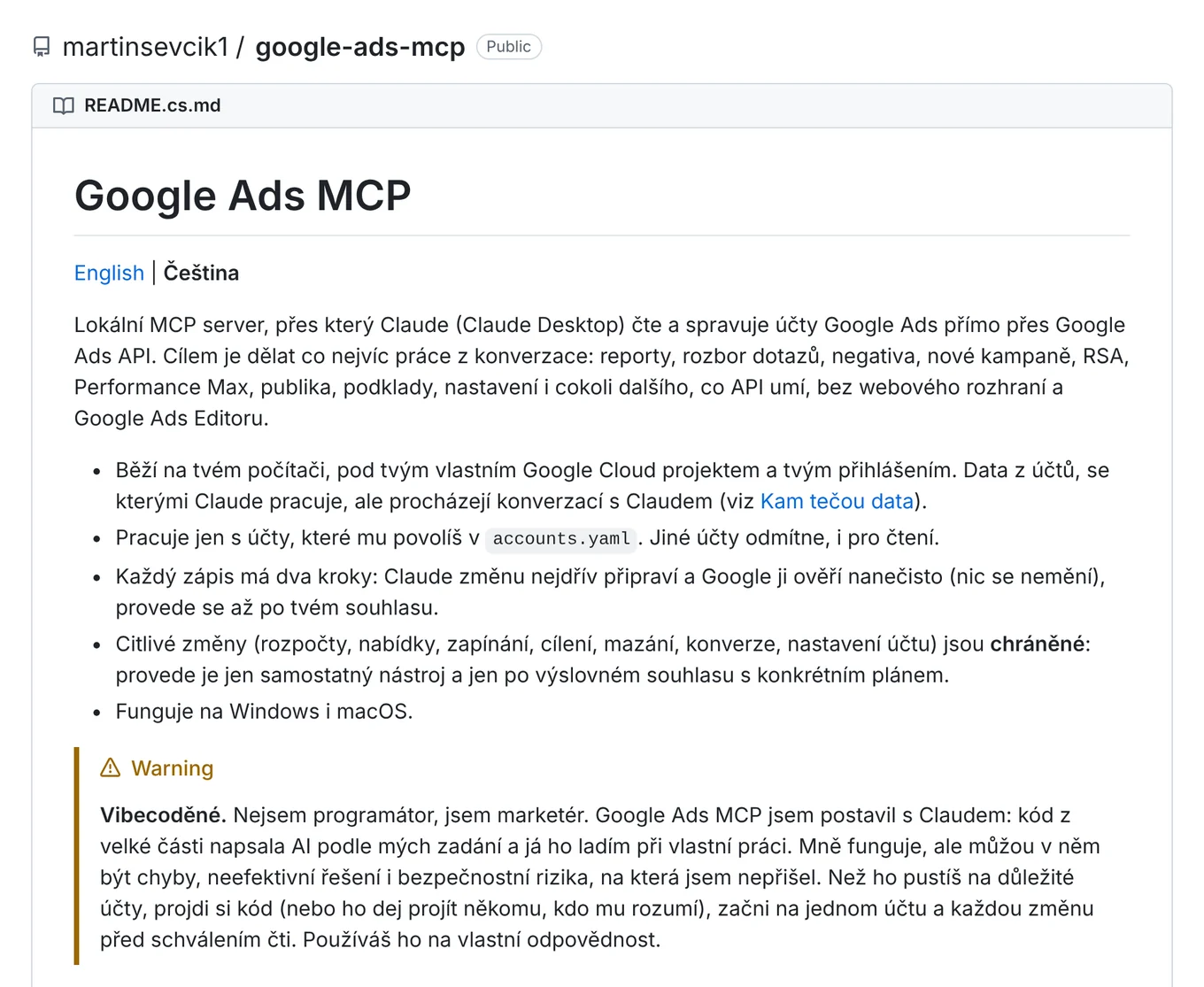 Začátek README repozitáře google‑ads‑mcp na GitHubu: popis nástroje a upozornění, že jde o vibecoděný kód